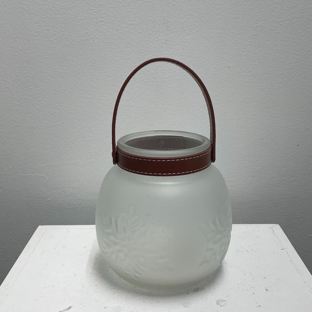 6"x6" Frosted Tea light Holder -snowflake Design w/ Faux leather Strap
